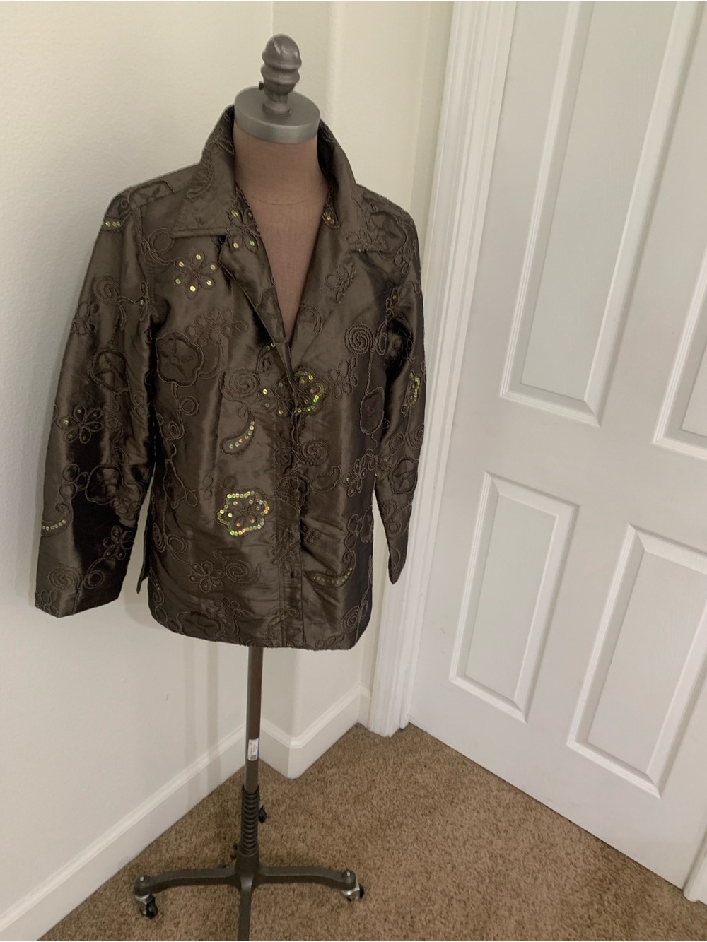 Susan Graver Style Embellished Olive Green Floral-Embossed Jacket